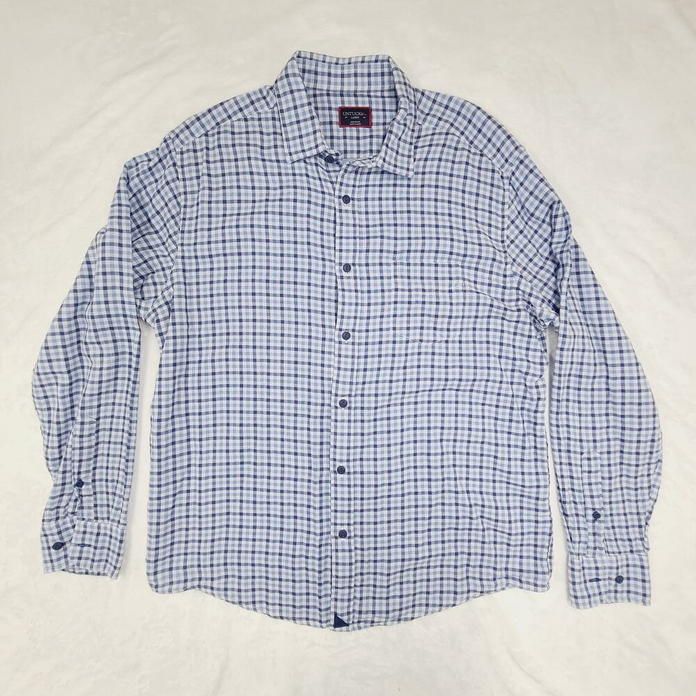UNTUCKit Soligo Shirt Mens Large Blue Check Button Front 100% Cotton Casual